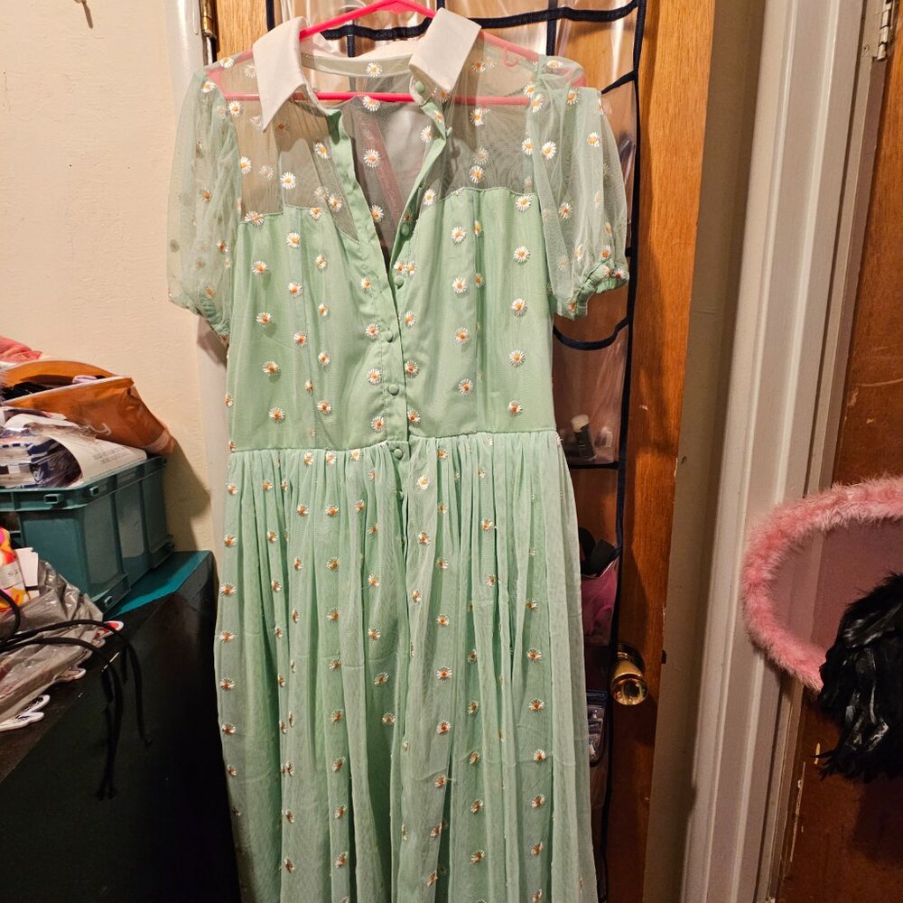 Unique Vintage Mint Green Embroidered Tulle Midi Dress - Picture 4 of 5